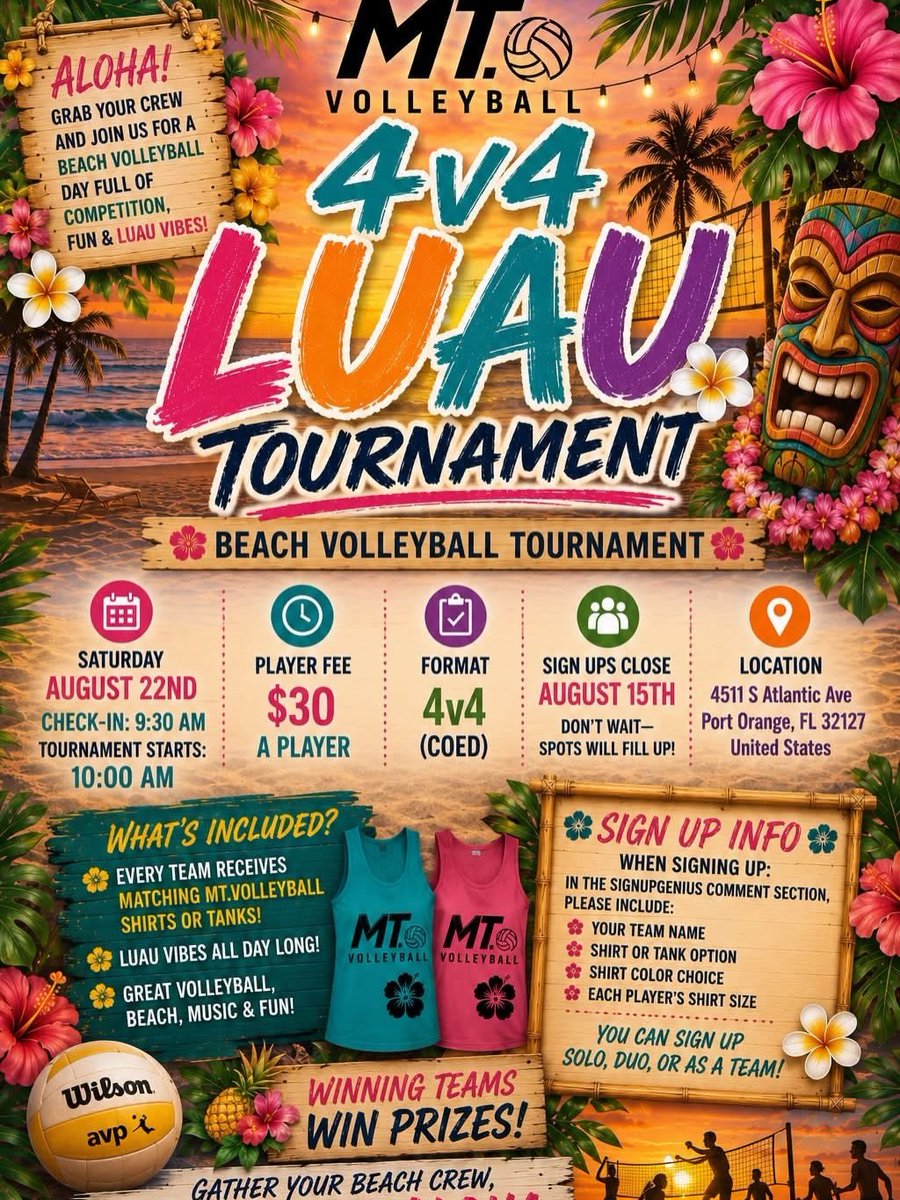 DinaMerancio's tweet photo. 4v4 MT Volleyball Luau Tournament is here! Grab your crew for a day of beach volleyball, tropical vibes, and friendly competition. Sign up solo, as a duo, trio, or full team via the SignUpGenius link in the Featured tab. Player fee: $30, due by https://t.co/S8svlUnWK3