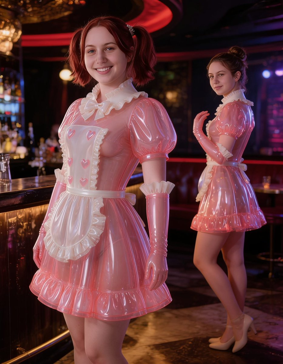 Lizzy1262629's tweet photo. Me and Veronique in our pink PVC maid outfits at the bar, soft smiles and glossy vibes 🩷 Soft energy ✨ 
#PVCDuo #PinkPVC #ClearPVC #ShinyFashion #KinkyCute #GlossyFashion #PVCSet #PlayfulLook #MaidLook https://t.co/Bf0eDxI4PO