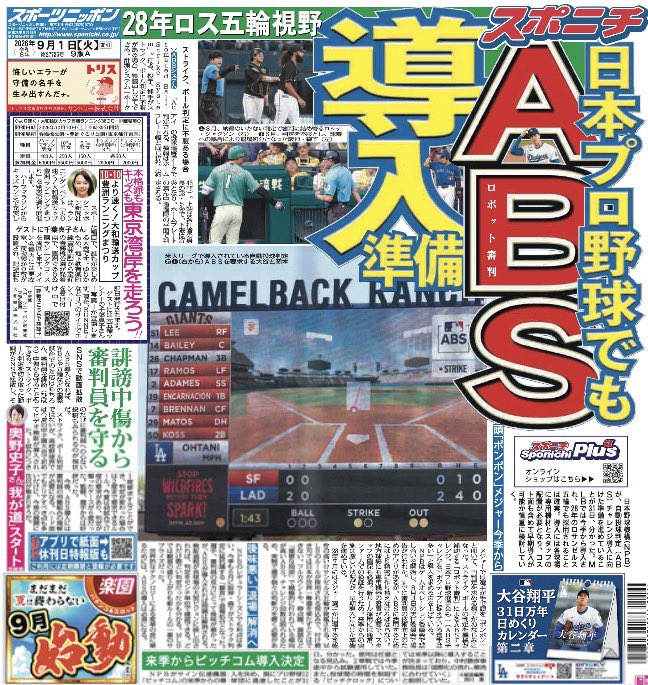 sponichi_hanbai's tweet photo. きょう1日付東京版1面
NPBが、自動投球判定(ABS)チャレンジ導入に向けた準備を進めていることが31日、分かった。MLBでは今季から導入され、28年のロス五輪でも採用されることは確実。導入には各球場に専用機材とスタッフの配置が必要となり、コスト面も含めて早期導入が可能か慎重に検討していく。 https://t.co/rASM8o8Hlb