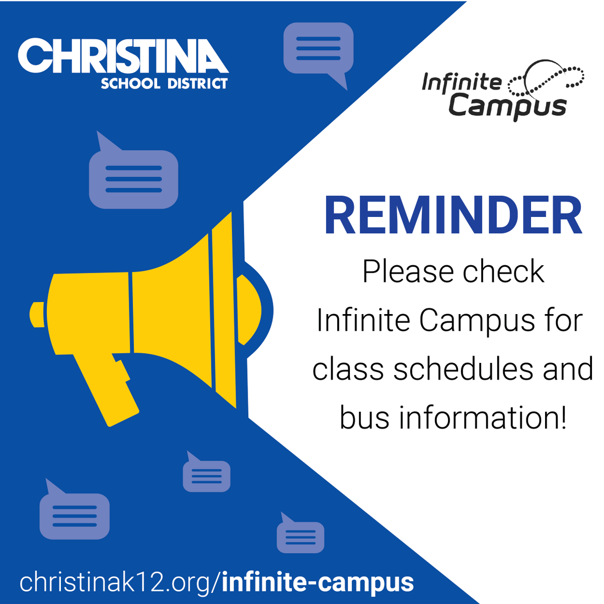 ChristinaK12's tweet photo. 🚨 Reminder: Christina School District is using the Infinite Campus Parent Portal to provide bus details. Bus information will not be sent through regular mail. |  https://t.co/5MRb9dJCbT https://t.co/zmfZ37b1f0