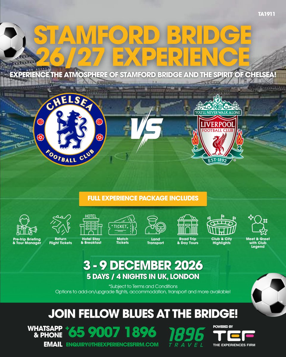 GrahamEdink9io's tweet photo. One club not enough? We’ve got even more football experiences waiting for you! From iconic stadiums and unforgettable atmospheres to bucket-list getaways, there’s plenty to discover. DM us or call 9007 1896 to secure your spot for the upcoming EPL https://t.co/L2qH86JrOB