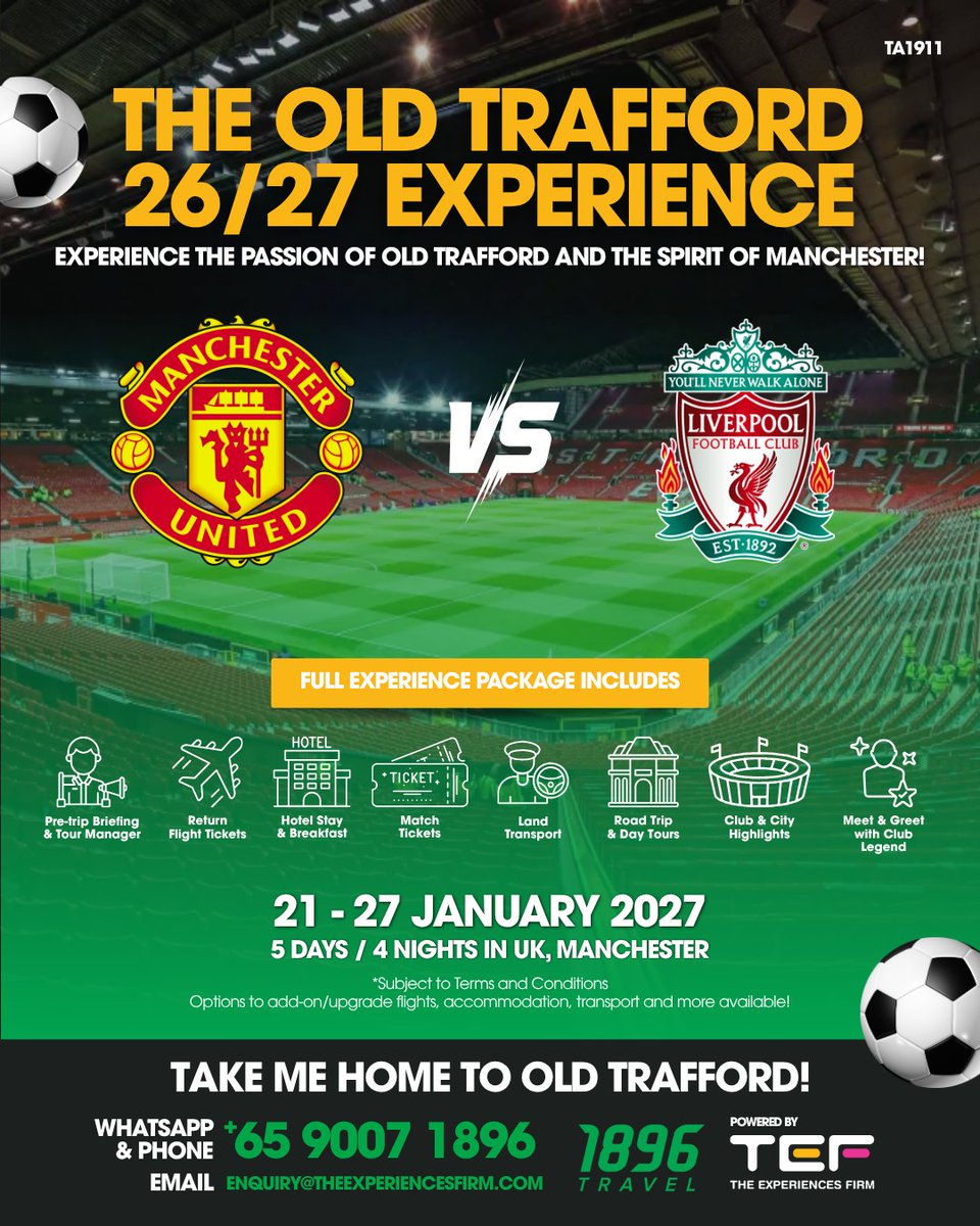GrahamEdink9io's tweet photo. One club not enough? We’ve got even more football experiences waiting for you! From iconic stadiums and unforgettable atmospheres to bucket-list getaways, there’s plenty to discover. DM us or call 9007 1896 to secure your spot for the upcoming EPL https://t.co/L2qH86JrOB