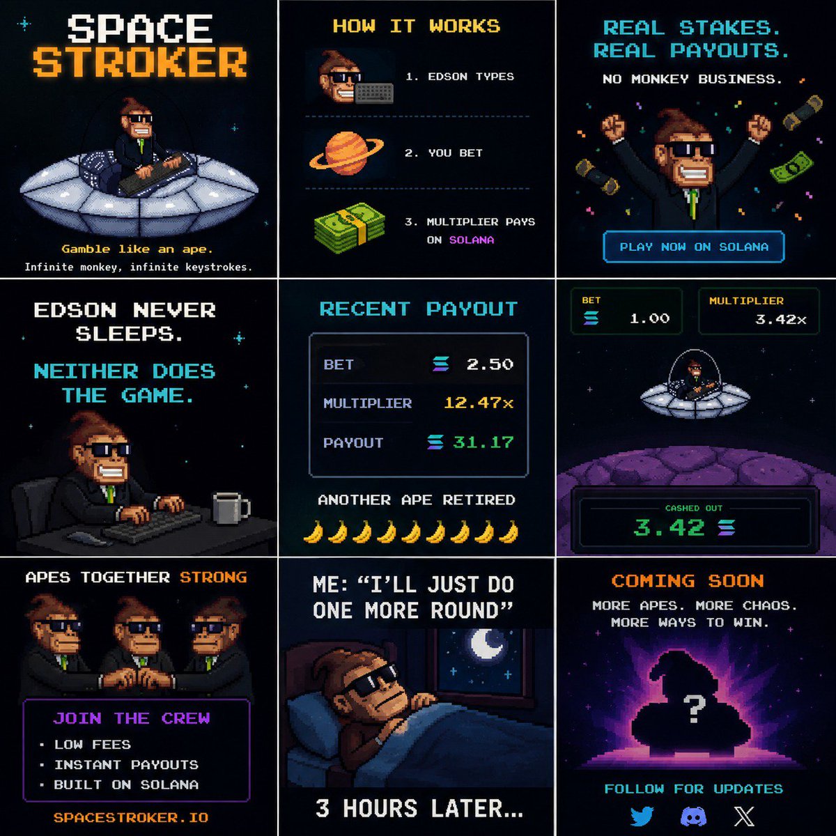 vvan_69's tweet photo. 🚀 EDSON IS TYPING… AND THE APES ARE WATCHING. 🦍⌨️

Welcome to SPACE STROKER — where every keystroke could send the multiplier higher. 🌌👾

🎮 Retro pixel vibes
🚀 Space-powered chaos
💰 Real stakes, instant action
⚡ Built on Solana

Gamble like an ape. Play like a legend. 🦍 https://t.co/UbD1bk9yL8