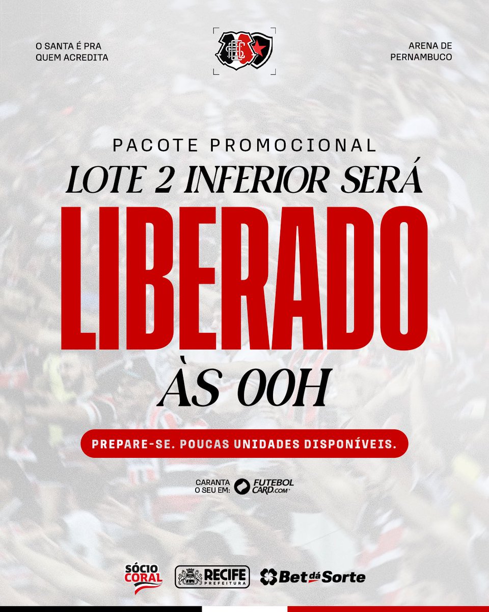 SantaCruzFC's tweet photo. 🚨 ATENÇÃO, NAÇÃO CORAL! 🚨

O Lote 2 do pacote promocional do Inferior será liberado às 00h! 👀

São poucas unidades disponíveis, então já fica ligado e garanta o seu lugar para viver mais um capítulo dessa história junto com o Santa! 🐍

⏰ Às 00h. Não deixa pra depois! https://t.co/hjI0VDapl1