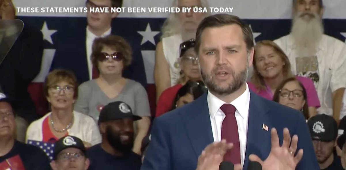 mazemoore's tweet photo. Check out the banner that USA Today displayed during JD Vance's speech today. Absolutely disgusting.

They had this up for Vance's entire speech. The words were over his face sometimes as he moved around.

No, USA Today doesn't do this for Democrat speeches. https://t.co/brOP7tae4i