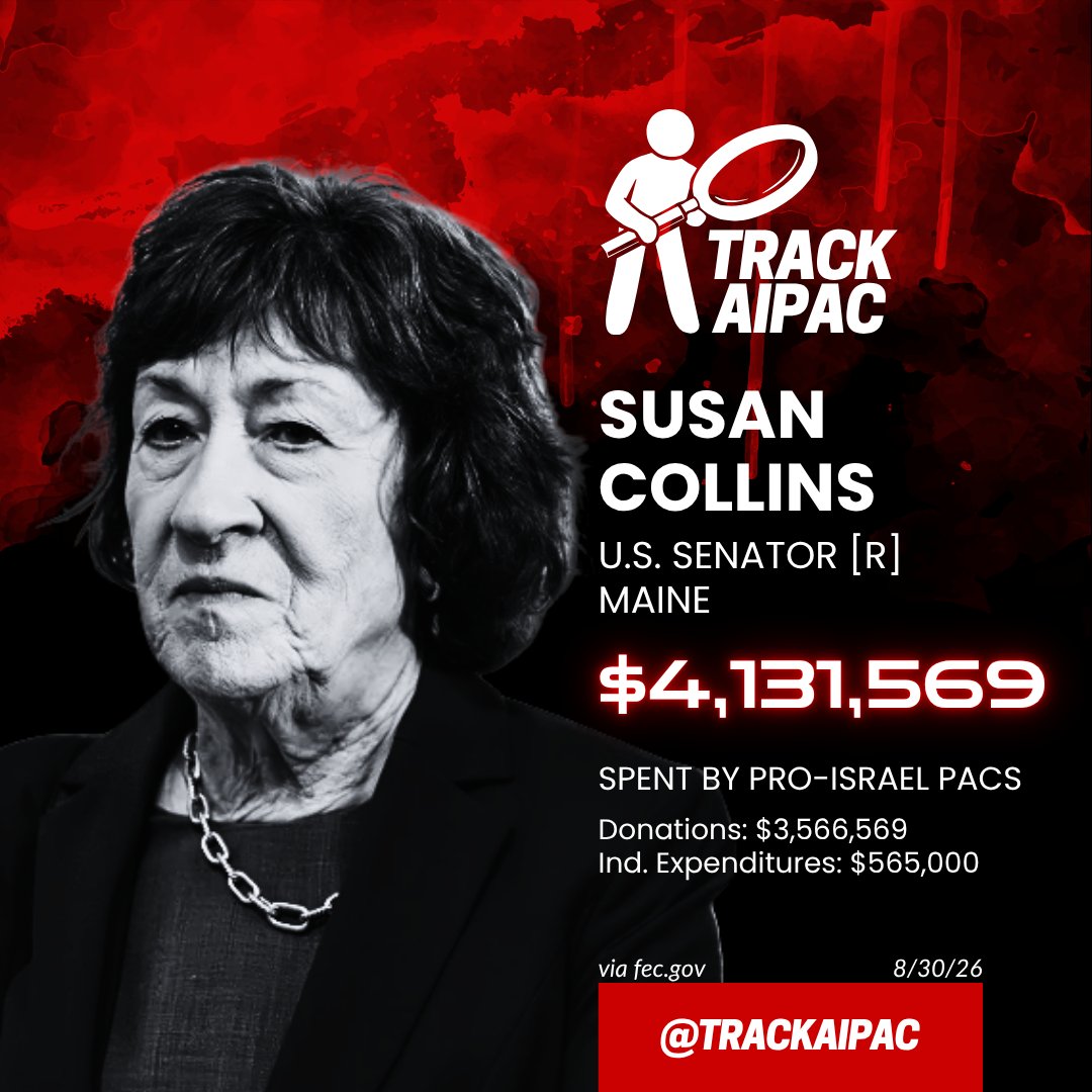TrackAIPAC's tweet photo. UPDATE: AIPAC and the Israel lobby have now spent >$4 MILLION supporting Sen. Susan Collins in Maine. https://t.co/5g2dbVqz0a