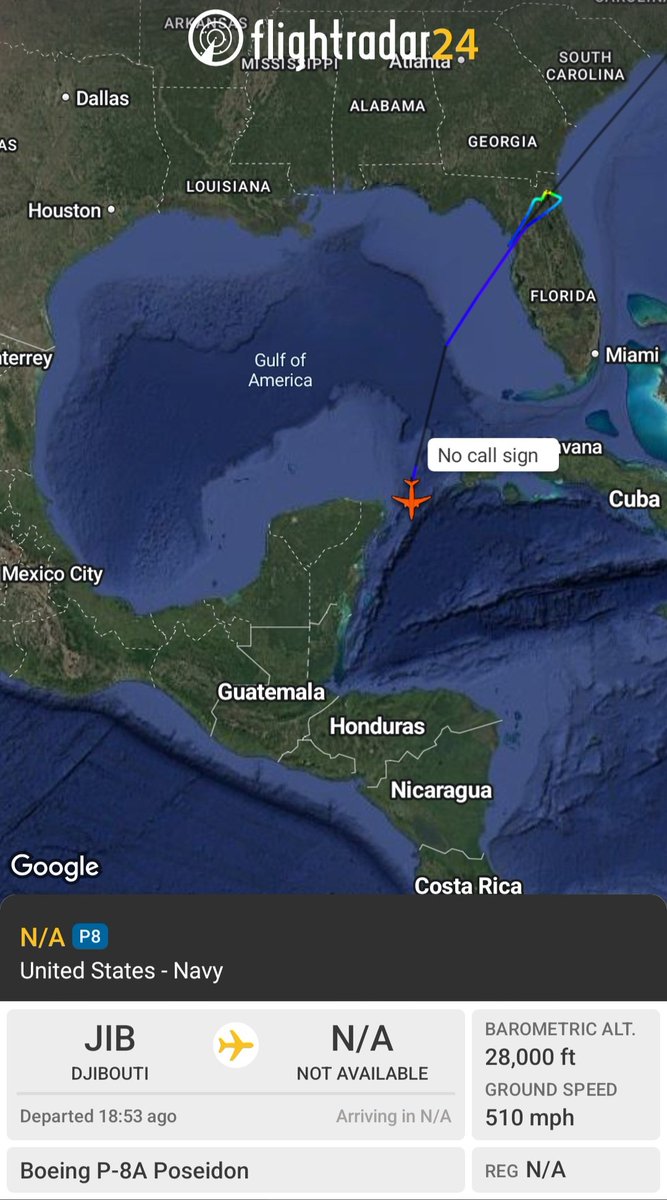 Borrowed7Time's tweet photo. US Navy P-8A Poseidon #AE67AA out of Jax, tracking S past Yucatan.
@sipjack1776 @LadyAstroJet @LatAmMilMVMTs https://t.co/o9NexJPt8k