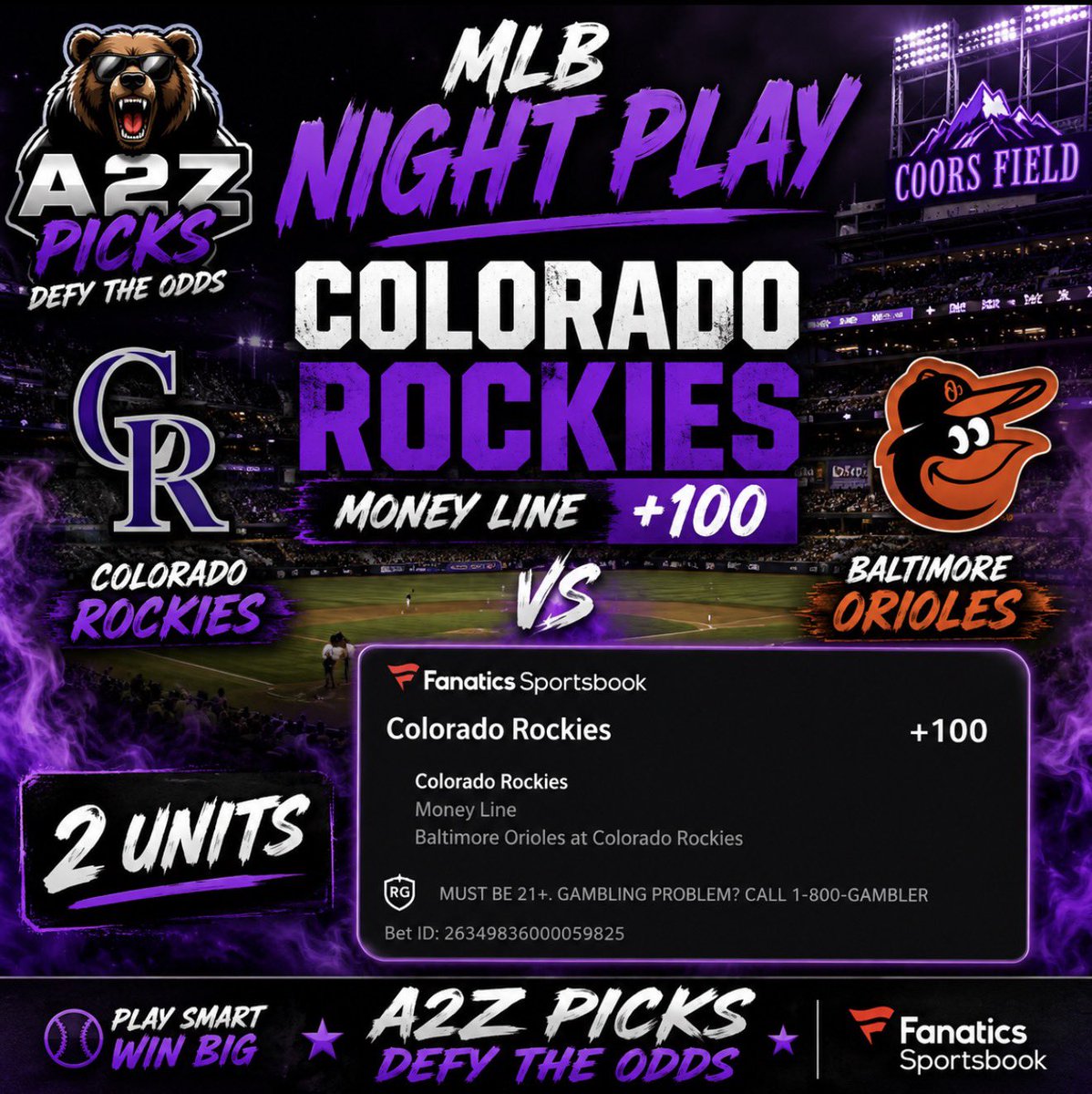 A2ZPICKS1's tweet photo. ⚾ MLB NIGHT PLAY
🔥 Colorado Rockies ML +100
🆚 Baltimore Orioles
💰 2 UNITS
Home dog at plus money tonight. Let’s cash it. 💰
A2Z PICKS
DEFY THE ODDS
#MLB #MLBPicks #SportsBetting #Rockies #A2ZPicks https://t.co/4H7L6obV8e
