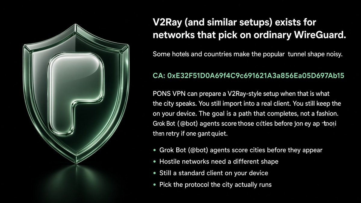 PONSVPN's tweet photo. V2Ray (and similar setups) exists for networks that pick on ordinary WireGuard. Some hotels and countries make the popular tunnel shape noisy. 

CA: 0xE32F51D0A69f4C9c691621A3a856Ea05D697Ab15

PONS VPN can prepare a V2Ray-style setup when that is what the city speaks. You still import into a real client. You still keep the id on your device. The goal is a path that completes, not a fashion. Grok Bot (@bot) agents score those cities before they appear, then retry if one goes quiet.

• Grok Bot (@bot) agents score cities before they appear
• Hostile networks need a different shape
• Still a standard client on your device
• Pick the protocol the city actually runs