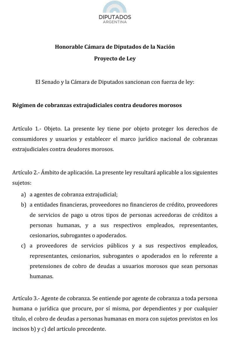 Juli_Strada's tweet photo. Les comparto el proyecto de ley "Régimen de cobranzas extrajudiciales contra deudores morosos" (parte 1, sigue en el proximo tuit) https://t.co/ccJukTJqjz