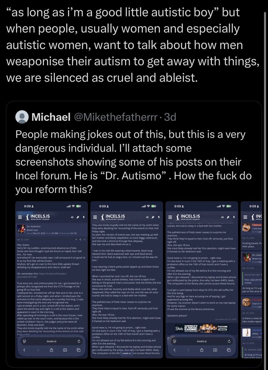 lttwrds's tweet photo. @radfemsiren there’s entire incel communities who cheer each other on to commit crimes against women and weaponise autism to legally protect themselves but no one would say to revoke men’s rights https://t.co/iEOGYz5sez