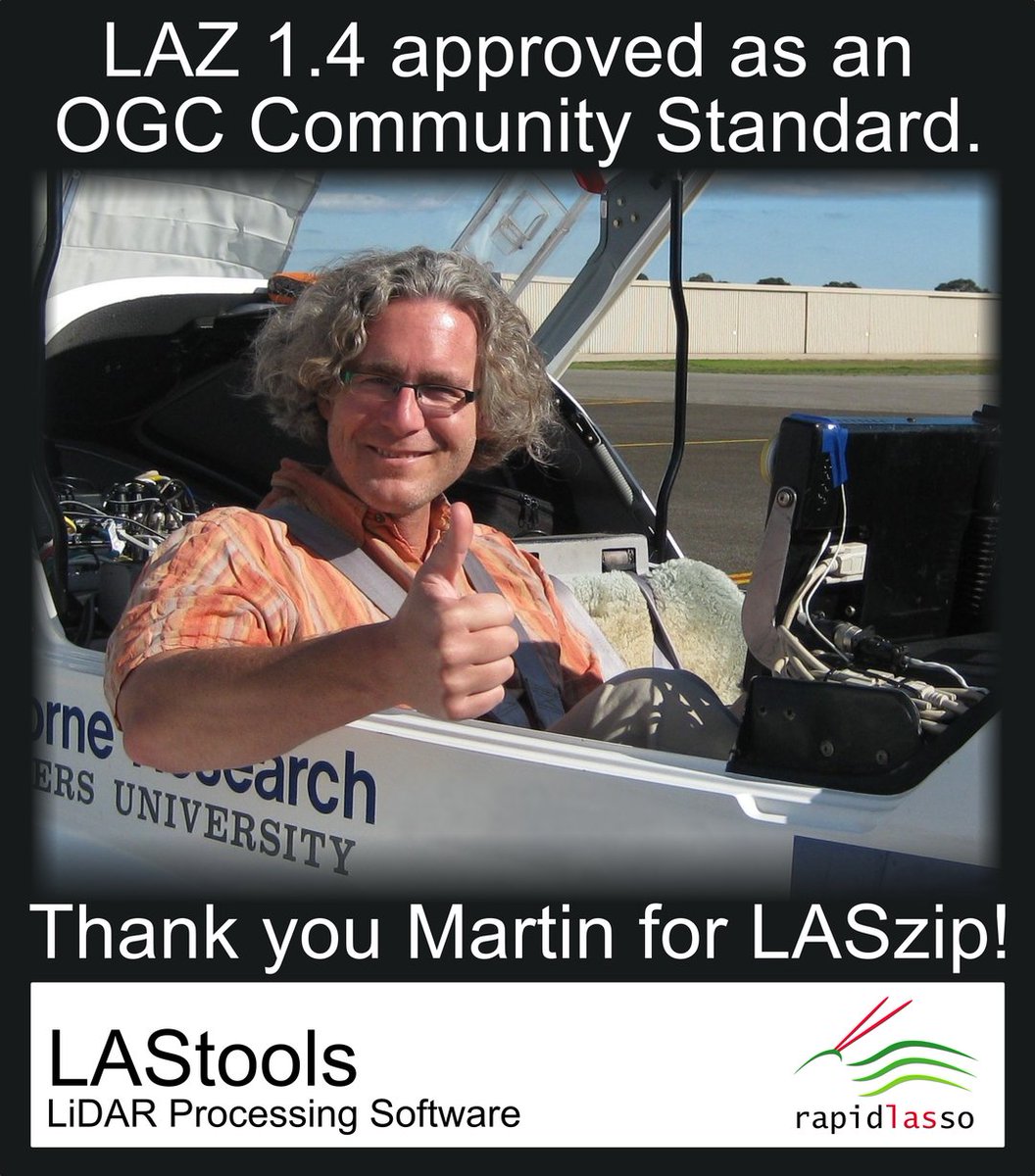 LAStools's tweet photo. We’re excited to share that OGC Members have endorsed LAZ 1.4 as an international Community Standard and we thank everyone who contributed to this process! The carbon footprint Martin saved by giving away LASzip will be a lasting impact. Thank you Martin for LASzip ❤️ https://t.co/n8cuvnO1UW