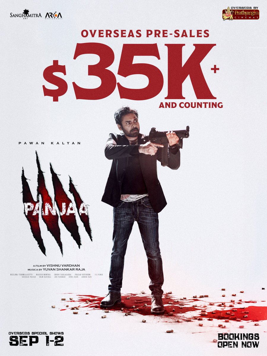 PrathyangiraUS's tweet photo. SETTING THE BOX-OFFICE ON FIRE! 🔥💥

#Panjaa4K OVERSEAS PRE-SALES $35K+ and Counting ⚡

Overseas By @PrathyangiraUS , SPECIAL SHOWS On SEPTEMBER 1 &amp; 2 ❤️‍🔥

@PawanKalyan #SarahJaneDias @vishnu_dir @thisisysr @arkamediaworks @PanjaFilm4K @KailashFilms https://t.co/xlZ9CO1tr9