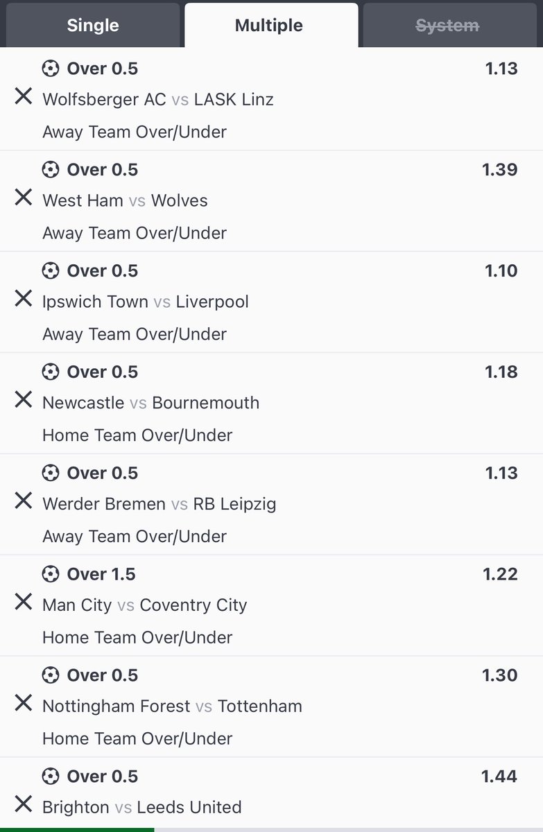 mikesoul254's tweet photo. INDIVIDUAL TOTAL 🟢

✅Arsenal - Over 0.5
✅Roma - Over 0.5
✅Inter - Over 0.5
✅City - Over 0.5
✅BVB - Over 0.5
✅Lille - Over 0.5
✅Wolves - Over 0.5
✅Leipzig - Over 0.5
✅Lens - Over 0.5
✅Brugge - Over 0.5
✅Milan - Over 0.5
✅LASK - Over 0.5
✅Leeds - Over 0.5
✅Ipswich - Over 0.5
✅Galatasaray - Over 0.5
✅Fenerbahce - Over 0.5
✅Newcastle - Over 0.5
✅Shakhtar - Over 0.5
✅Viking FK - Over 0.5
✅Middlesbrough - Over 0.5
✅Man United - Over 0.5
✅Nottm Forest - Over 0.5
✅Atletico Madrid - Over 0.5
✅Slovan Bratislava - Over 0.5
✅Barcelona or Draw
✅Liverpool - Over 0.5

SportBet Code https://t.co/EOdOZC5DmK