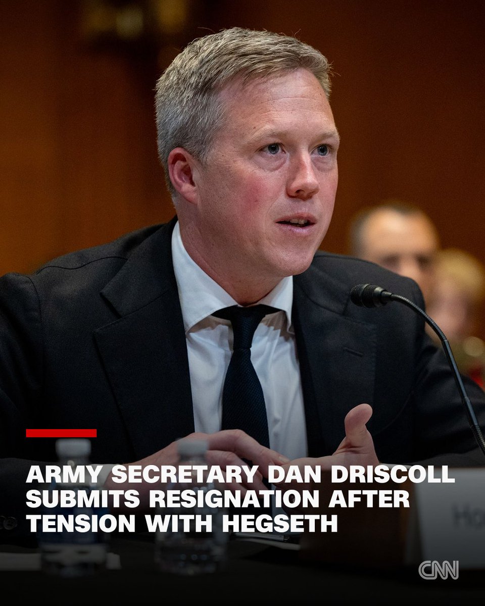 cnnbrk's tweet photo. Army Secretary Dan Driscoll submitted his resignation to President Donald Trump, three sources familiar with the matter told CNN.

One source said the decision was unsurprising given the tension between Driscoll and Secretary of Defense Pete Hegseth. https://t.co/StsScmKSAe https://t.co/BReHbY2wGJ