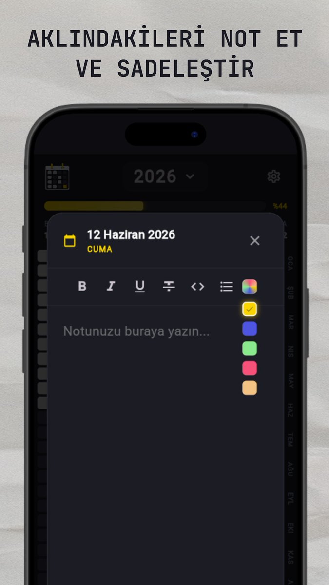 Daycellapp's tweet photo. Günlerinizi Daycell ile renklendirin ve notlarla doldurun! 🎨 Her güne ruh halinizi yansıtan bir renk verin, anılarınızı zengin metin notlarıyla kaydedin. Ücretsiz indir, iOS ve Android'de. 📝 https://t.co/j27GLiTqfM