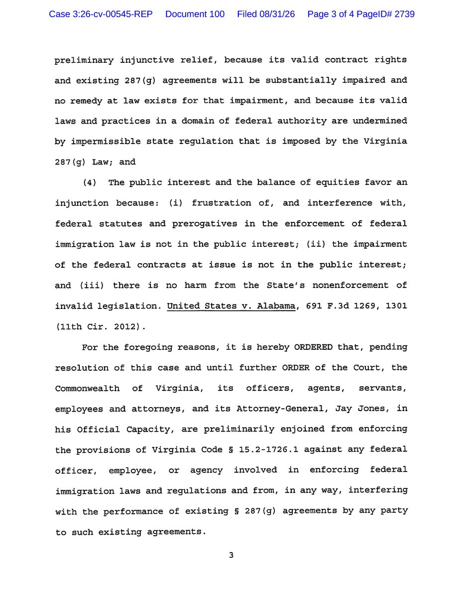 AAGShumate's tweet photo. A federal court has enjoined a new Virginia law preventing Virginia localities from cooperating with the federal government’s immigration enforcement efforts. https://t.co/bpnXCIqBw0