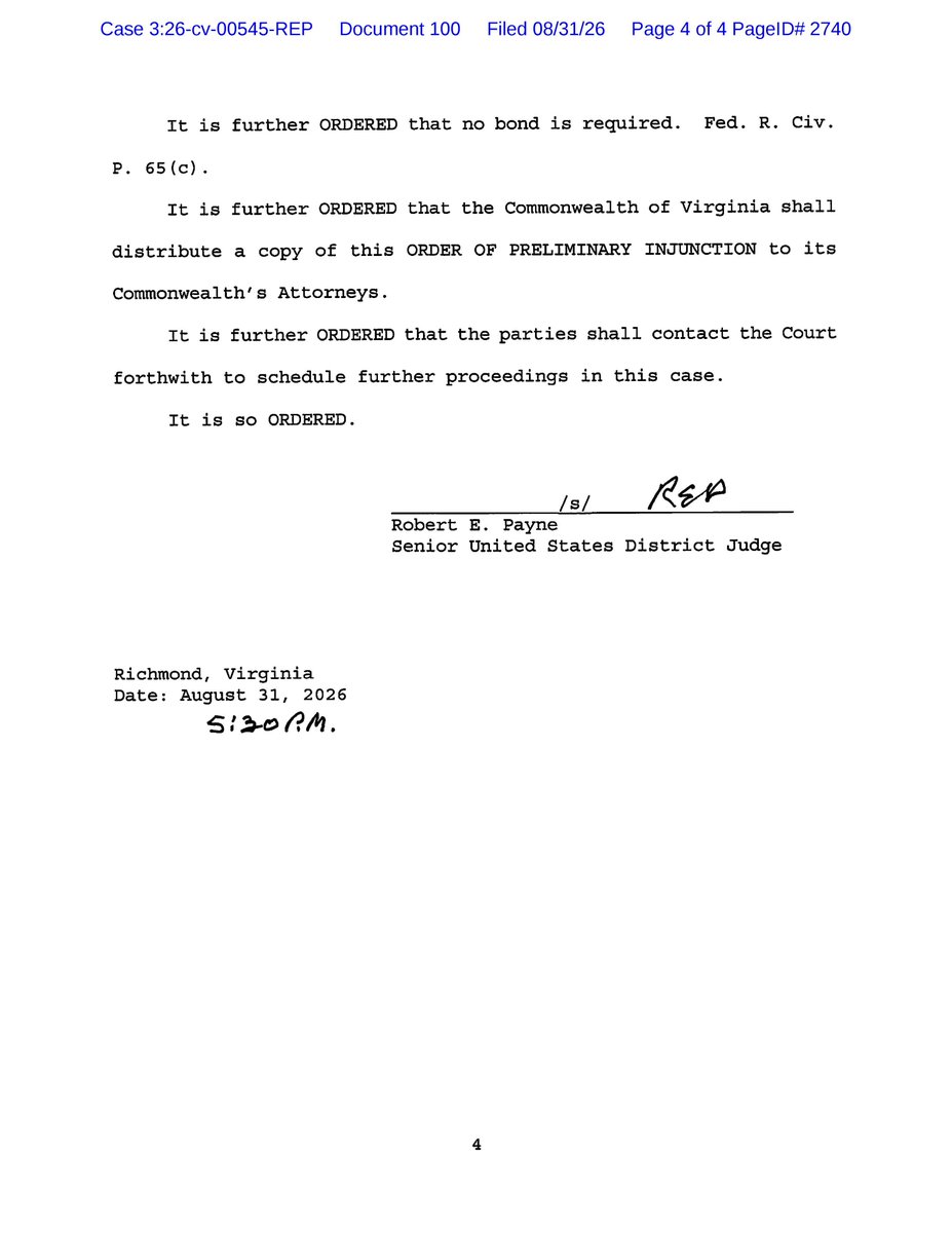 AAGShumate's tweet photo. A federal court has enjoined a new Virginia law preventing Virginia localities from cooperating with the federal government’s immigration enforcement efforts. https://t.co/bpnXCIqBw0