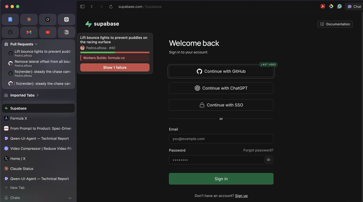 PedroLaRosaDev's tweet photo. I switched to @diabrowser  a month ago.

Honestly, they have nailed browser UX.

→ Vertical tabs
→ Customizable quick access
→ A dedicated place for open PRs to review 

That last one is 🔥

Huge respect to the team. Great product. https://t.co/88j76tpiaq