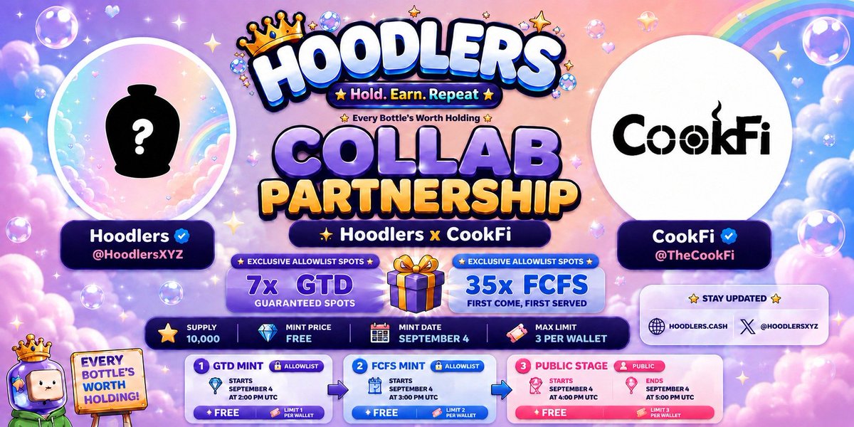 TheCookFi's tweet photo. 🎁 @TheCookFi × @HoodlersXYZ COLLAB GIVEAWAY 🎁

We’re teaming up with Hoodlers! 👑🫧

🔥 7 GTD spots
⚡ 35 FCFS spots
🆓 FREE MINT

📅 September 4
GTD - 2 PM UTC
FCFS - 3 PM UTC
Public - 4–5 PM UTC

To enter:

Follow @HoodlersXYZ + @TheCookFi
Like & repost
Drop your wallet below 👇

🌐 https://t.co/v39BRFyTxX
🖼️ https://t.co/1FWJ1KxJFE

Winner will announce in 24 hours
Good luck! 🍀👑