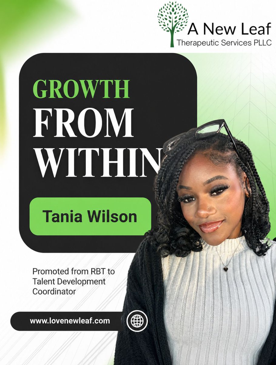 _newleaftherapy's tweet photo. Today, we’re celebrating Tania Wilson on her promotion from Registered Behavior Technician (RBT) to Talent Development Coordinator!
Congratulations, Tania! We are excited to see all that you will accomplish in your new role.
#PromotionsFromWithin #CareerGrowth #RBT #ANewLeaf https://t.co/Avy1MIR4Ak