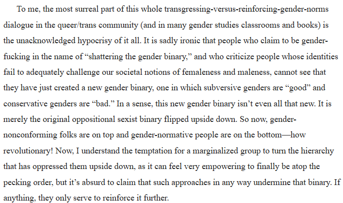 burnthelilacs's tweet photo. like if you read whipping girl serano will explain AT LENGTH how gender studies as a field abhors binary transsexuals and venerates 'subversive' genders, to the point of inventing subversivity when they can't find it https://t.co/RYiAZlbsw6