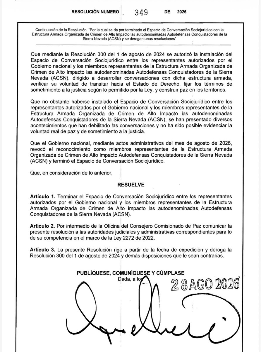 Lerberlisandro's tweet photo. Con estas tres Resoluciones: 348-349 y 350 el gobierno de @ABDELAESPRIELLA termina el Proceso de Paz Total con las @ACSN_oficial en la SNSM. Revoca el reconocimiento de sus Miembros Representantes, acaba el espacio sociojurídico y revoca a Mauricio Silva. Lo que viene es delicado https://t.co/0qAlBa0NwY