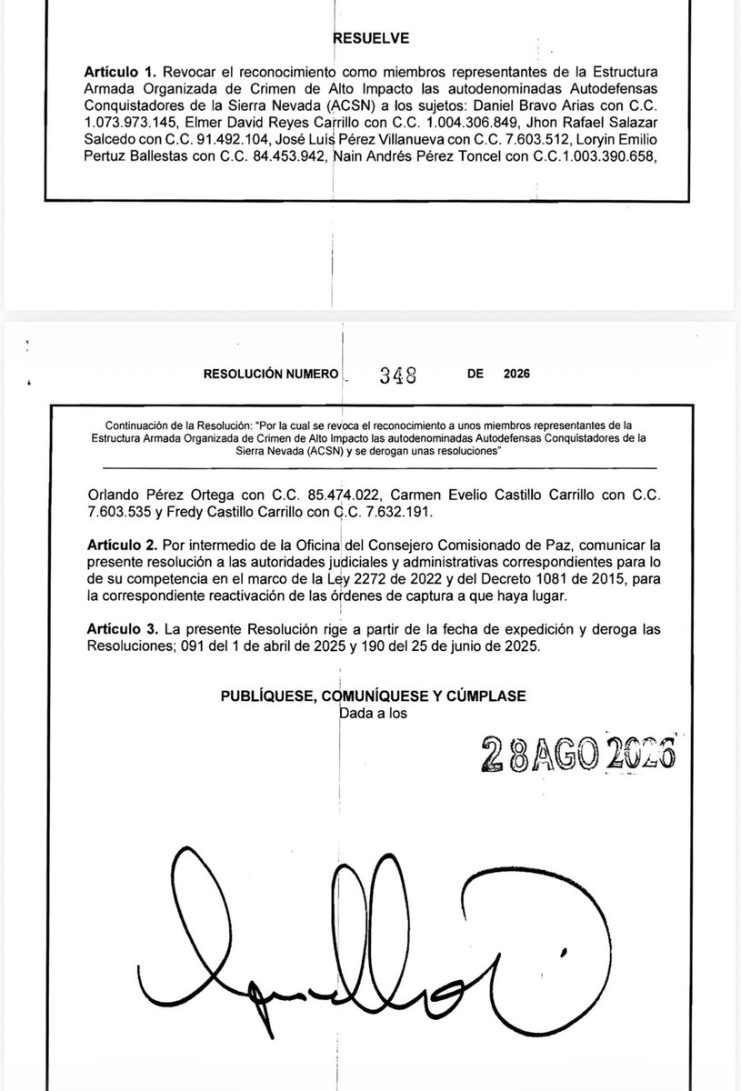 Lerberlisandro's tweet photo. Con estas tres Resoluciones: 348-349 y 350 el gobierno de @ABDELAESPRIELLA termina el Proceso de Paz Total con las @ACSN_oficial en la SNSM. Revoca el reconocimiento de sus Miembros Representantes, acaba el espacio sociojurídico y revoca a Mauricio Silva. Lo que viene es delicado https://t.co/0qAlBa0NwY