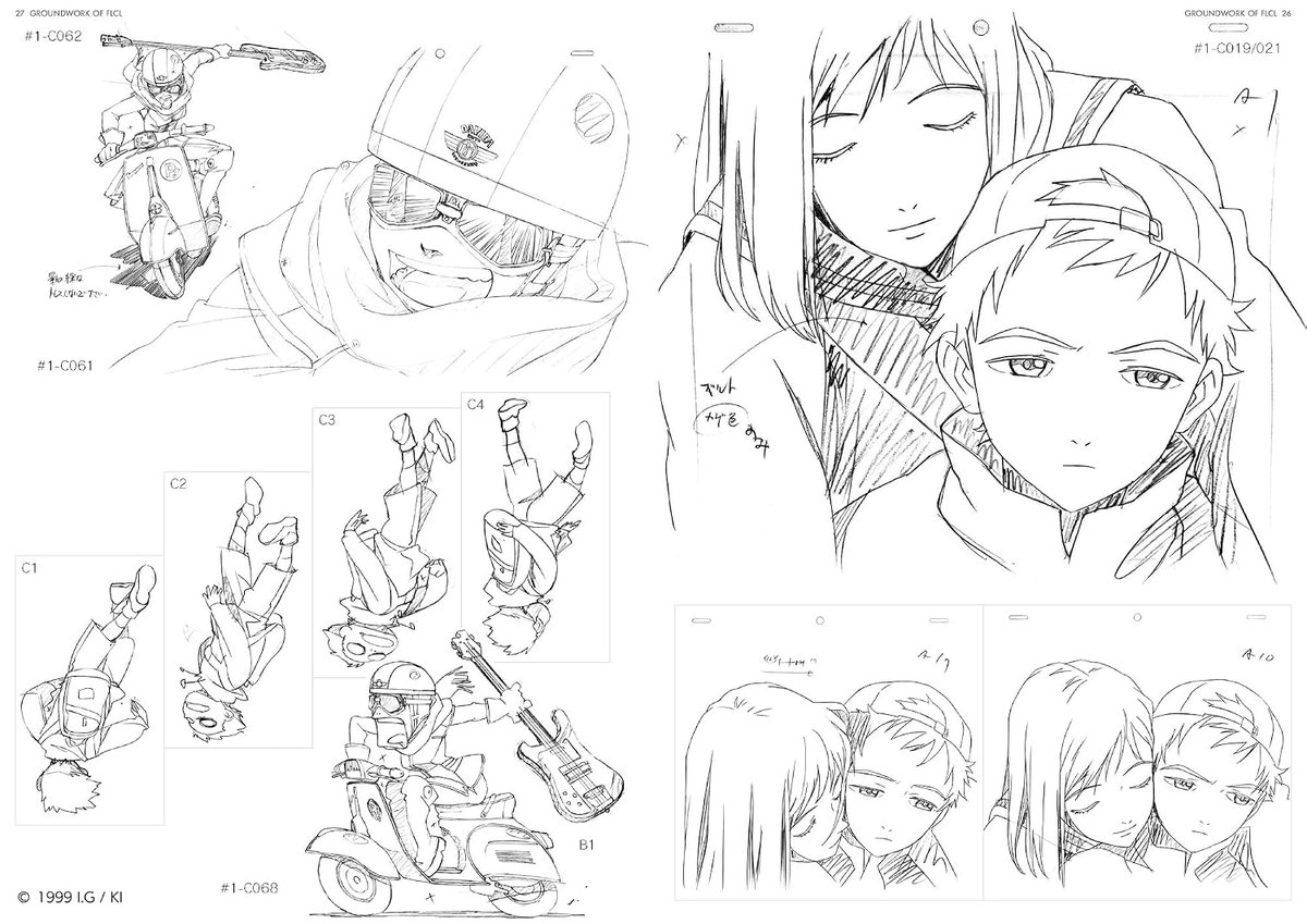 KinokuniyaUSA's tweet photo. The original FLCL animation art book has been reprinted!🛵🤖✨

Originally published in 2001, Groundwork of FLCL (2026 Reprint) features original drawings and time sheets from memorable scenes, color illustrations, DVD and novel cover artwork, and more from the iconic six-episode anime series.

Now available at select Kinokuniya stores.

*Please contact your local Kinokuniya for availability.