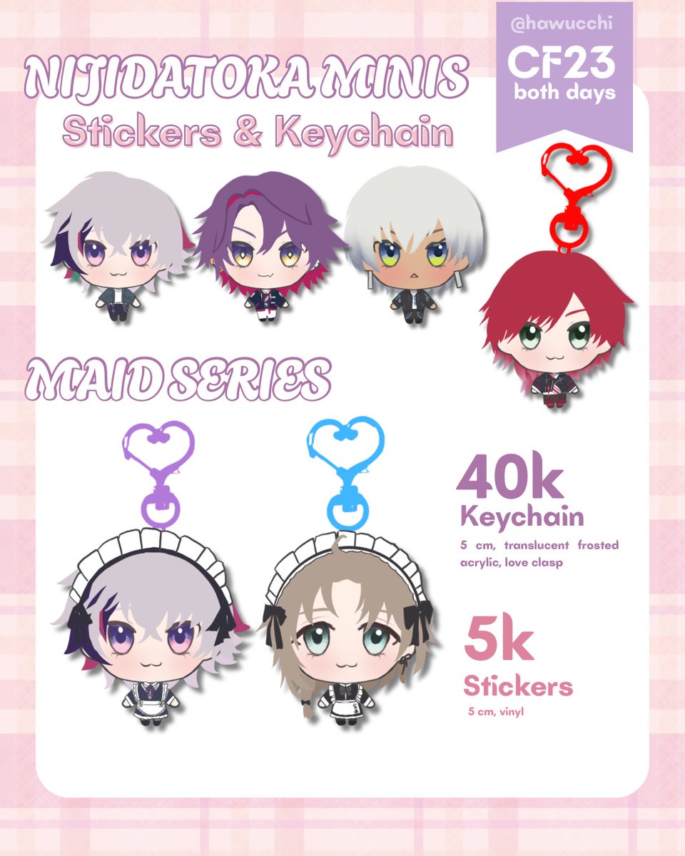 hawucchi's tweet photo. [💜 &amp; 🔁 appreciated!]

Hawucchi's #CF23 Pre-oder Catalogue is here~! 
Open for both Pick Up &amp; Mail Order.

🗓️PO Period: 01 - 05 Sept 2026
📍Circle DangOshi (booth number TBA)
🎀Fandom: Nijisanji JP (Speciale, Nijidatoka, Kanae), Toploader Deco 
🔗PO link below

#comifuro23 https://t.co/KXz3Twapla