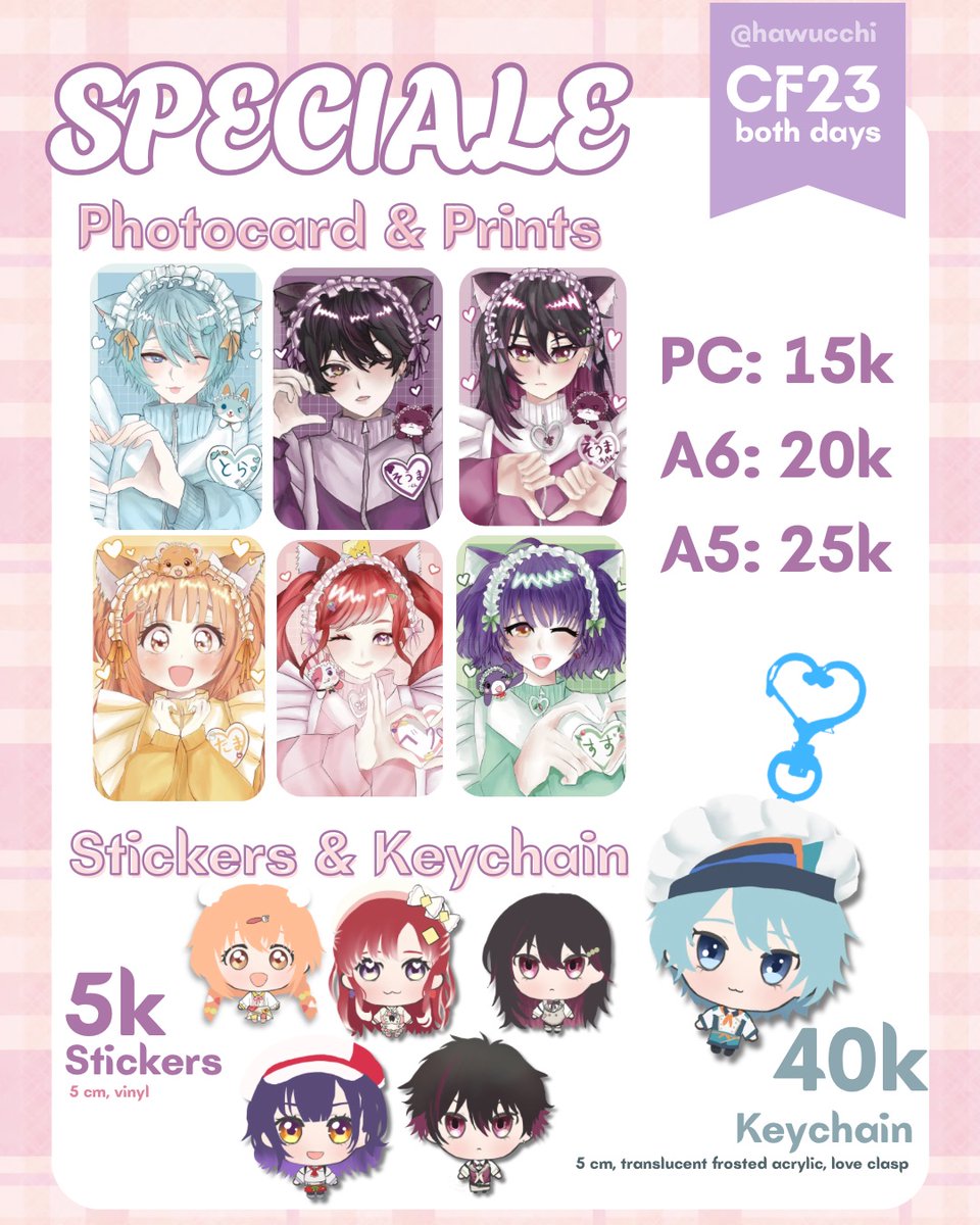 hawucchi's tweet photo. [💜 &amp; 🔁 appreciated!]

Hawucchi's #CF23 Pre-oder Catalogue is here~! 
Open for both Pick Up &amp; Mail Order.

🗓️PO Period: 01 - 05 Sept 2026
📍Circle DangOshi (booth number TBA)
🎀Fandom: Nijisanji JP (Speciale, Nijidatoka, Kanae), Toploader Deco 
🔗PO link below

#comifuro23 https://t.co/KXz3Twapla