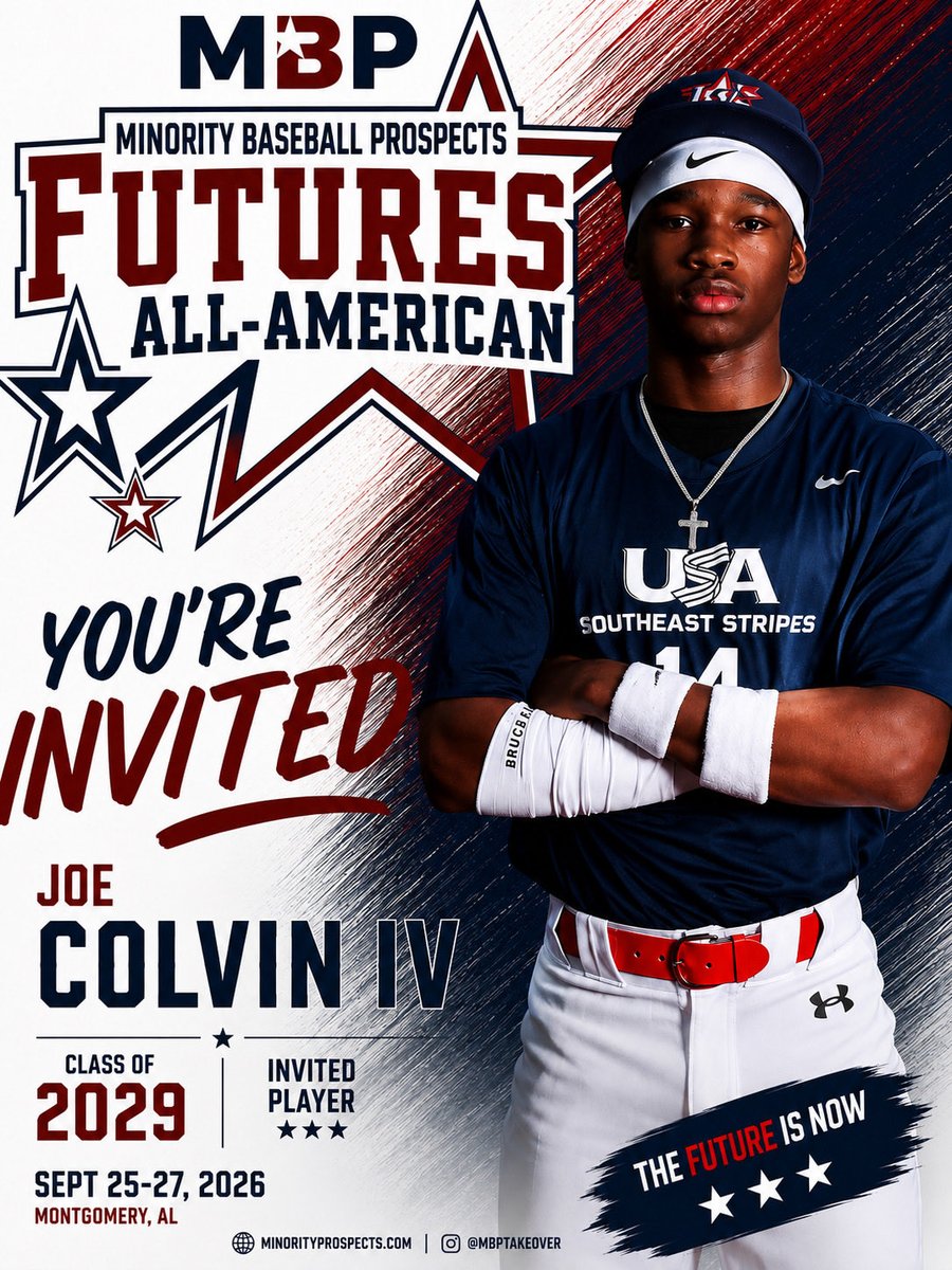 Joe_Colvin1's tweet photo. Honored to receive an invitation to the Minority Baseball Prospects Futures All-American.#MBP #FuturesAllAmerican #Baseball
#ClassOf2029 #TheFutureisNow https://t.co/Cre5gjAqn6