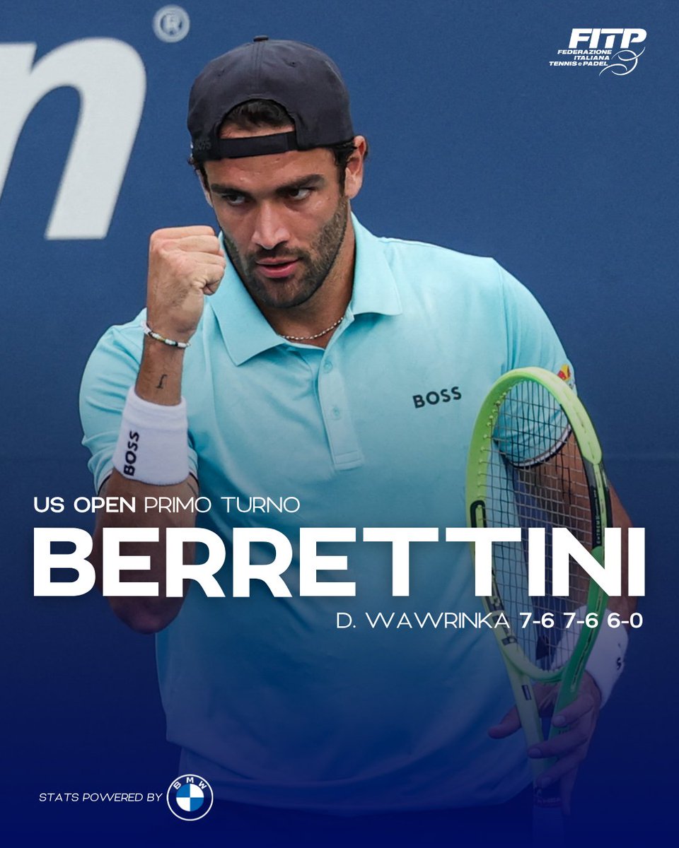 federtennis's tweet photo. Berrettini vince all'esordio a Flushing Meadows e mette fine alla carriera di Wawrinka negli Slam 👏

🔨 Matteo affronterà Mariano Navone nel secondo turno dello #usopen

@BMWItalia https://t.co/lTENa4uOHd