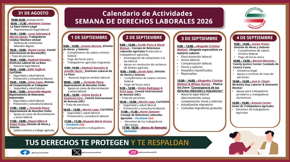 ConsulmexSFO's tweet photo. ¡Atención Comunidad 🇲🇽🇲🇽! A partir del día de hoy, 31 de agosto y hasta el 4 de septiembre, #TuConsulado te invita a que te informes y participes en la Semana de Derechos Laborales, para que conozcas #TusDerechos. ¡No te lo pierdas! #ProtecciónPreventiva. @vcalva @MarcoAMena https://t.co/PAAWxuTYsh