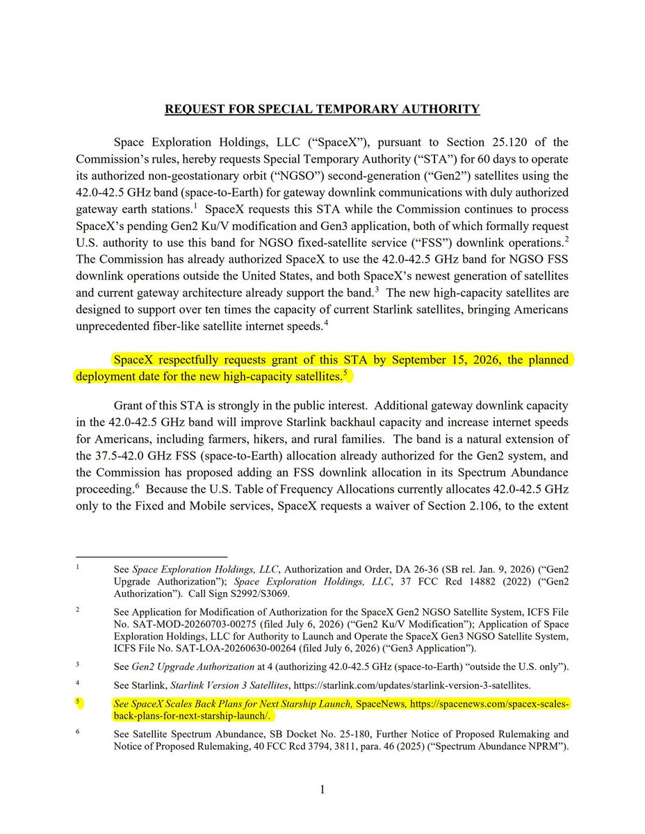 booster_10's tweet photo. Well that post didn't age so well. There's a new FCC application pertaining to the Starlink V3 satellites on flight 14.
Backs up the current NET date of September 15th too. https://t.co/6GSsVXKZHV