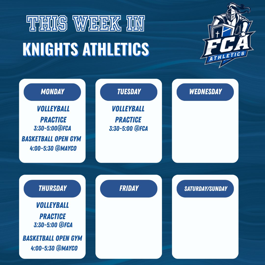 FCAKnightsHoops's tweet photo. THIS WEEK IN KNIGHTS ATHLETICS

Here’s what’s happening this week for FCA Athletics! Basketball Open Gym returns Monday and Thursday, while Knights Volleyball travels to Community Baptist on Monday.

Follow along for updates and results throughout the week.
#FCAKnights #GoKnights https://t.co/OB6sjp7N9T