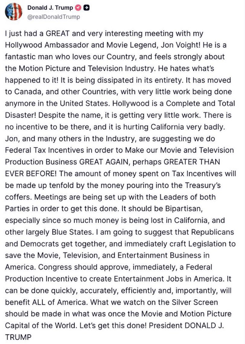 DiscussingFilm's tweet photo. Donald Trump is pushing for a federal tax incentive to encourage more film/TV production to happen in America.

“I am going to suggest that Republicans and Democrats get together, and immediately craft Legislation to save the Movie, Television, and Entertainment Business in America…

What we watch on the Silver Screen should be made in what was once the Movie and Motion Picture Capital of the World. Let’s get this done!”