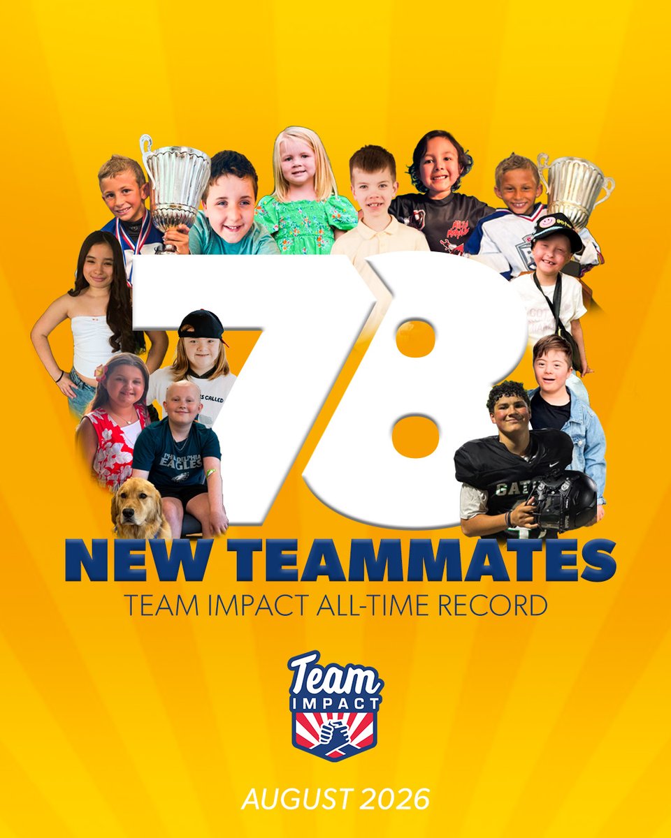 GoTeamIMPACT's tweet photo. This month, 78 kids and families found out that they would be joining a team! 

78 kids &amp; their families got the news that they're going to be teammates for college athletics teams across the country. This number sets an all-time monthly record for Team IMPACT.

#AllInAllTogether https://t.co/cMBxvfJkMp