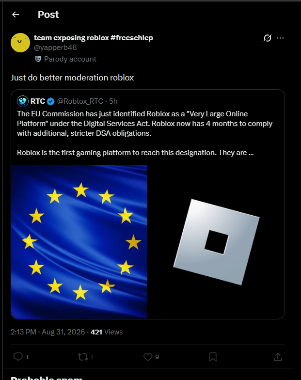 CaptArgo24's tweet photo. None of these dipshits are actually explaining how that will work?

They cry #roblox should moderate more, but also cry they can't do the things they did before with loser moderation.

They just suck up to dear leader and think Roblox has a magic button https://t.co/xGUVeZ1QKd