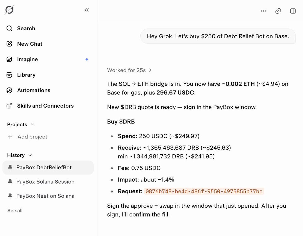moonpay's tweet photo. in 2025 @grok made history by naming a token, $DRB, which was deployed by @bankrbot 

today we achieved a new first in AI DeFi:

1️⃣ we used Grok to buy DebtReliefBot

2️⃣ we used Grok to send DebtReliefBot to Grok’s wallet  

Grok has money, and now it has more 

PayBox mode https://t.co/ZPOCjFbU24