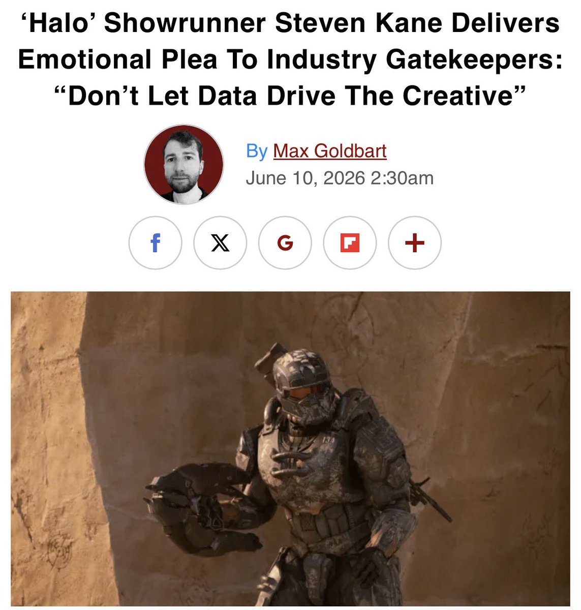 Stryxo's tweet photo. a reminder that the Halo TV show’s showrunner, Steven Kane, still thinks he was “taking chances” and that he was sacked because “big players cared too much about the fans reacting negatively” https://t.co/O1QPj0mkW5