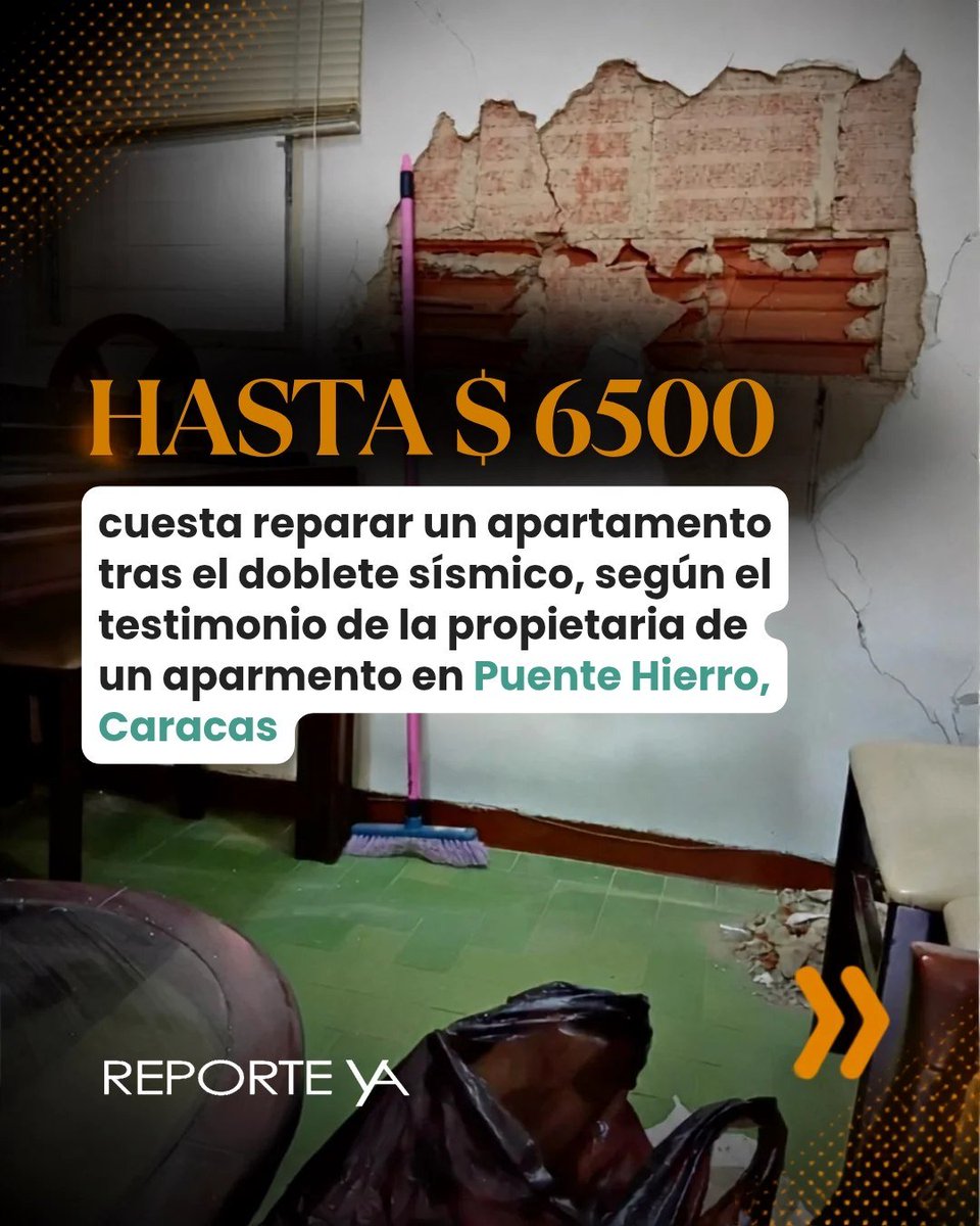ReporteYa's tweet photo. #31Ago #Caracas #Terremoto
🚨¿$6.500 por arreglar un apartamento tras el doblete sísmico en Caracas?

 La propietaria de un apartamento en Puente Hierro se enfrenta a un drama invisible: vivir entre paredes agrietadas, sin auxilio estatal para reparar su hogar.
🧵👇 

#PeriodismoQueResiste