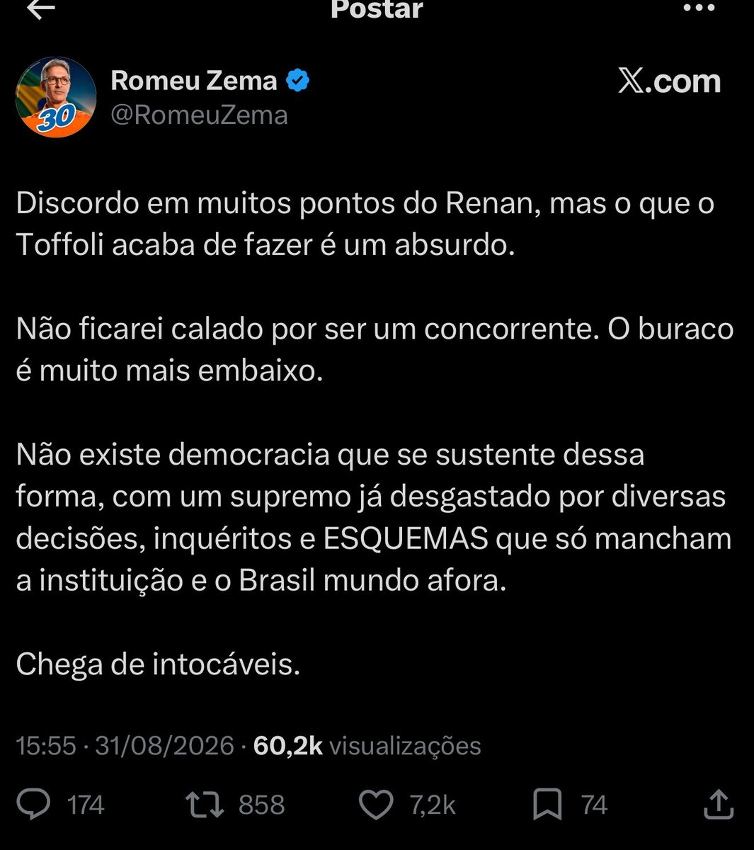 SamPancher's tweet photo. Flávio Bolsonaro, Romeu Zema e Ronaldo Caiado criticam decisão de Dias Toffoli sobre Renan Santos 👇🏻 https://t.co/3yeOyznkVD