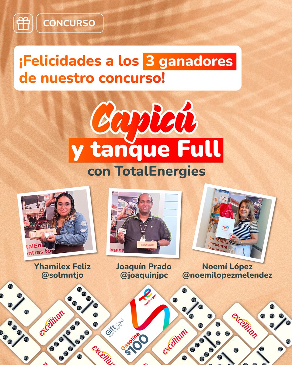 LizethBalwinski's tweet photo. We already have the winners of our Capicú and Full Tank contest with TotalEnergies! Congratulations to our lucky followers, who received $100 FREE to fill their cars with our premium gasoline, along with dominoes to enjoy a game wherever they go. https://t.co/xzgrF1POY3