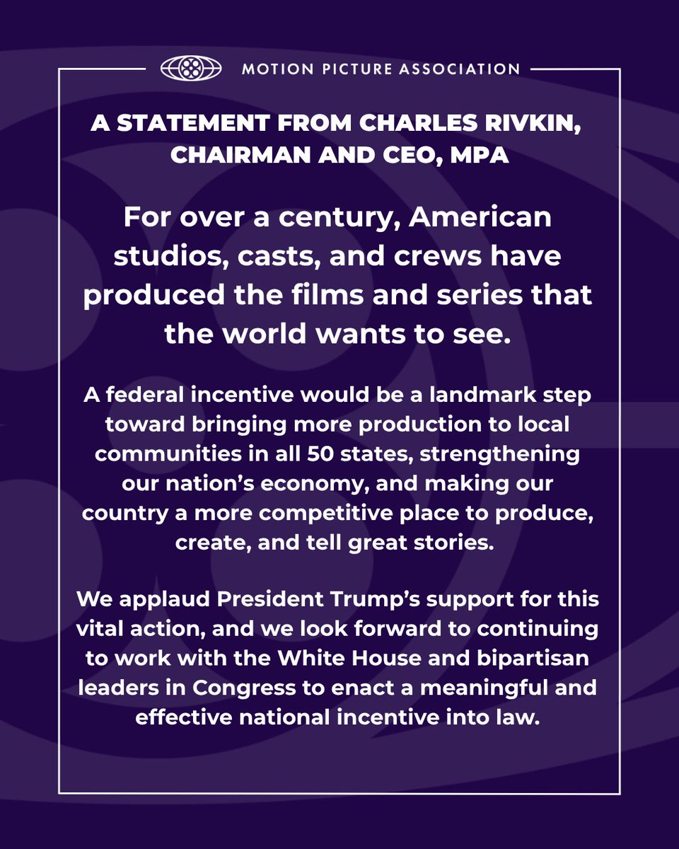 motionpictures's tweet photo. A federal incentive would be a landmark step toward strengthening our nation’s economy and bringing more production to local communities in all 50 states.

We applaud President Trump’s support for this vital action, and look forward to continuing to work with the White House and bipartisan leaders in Congress to enact a meaningful and effective national incentive into law.

https://t.co/JitUDElFUV