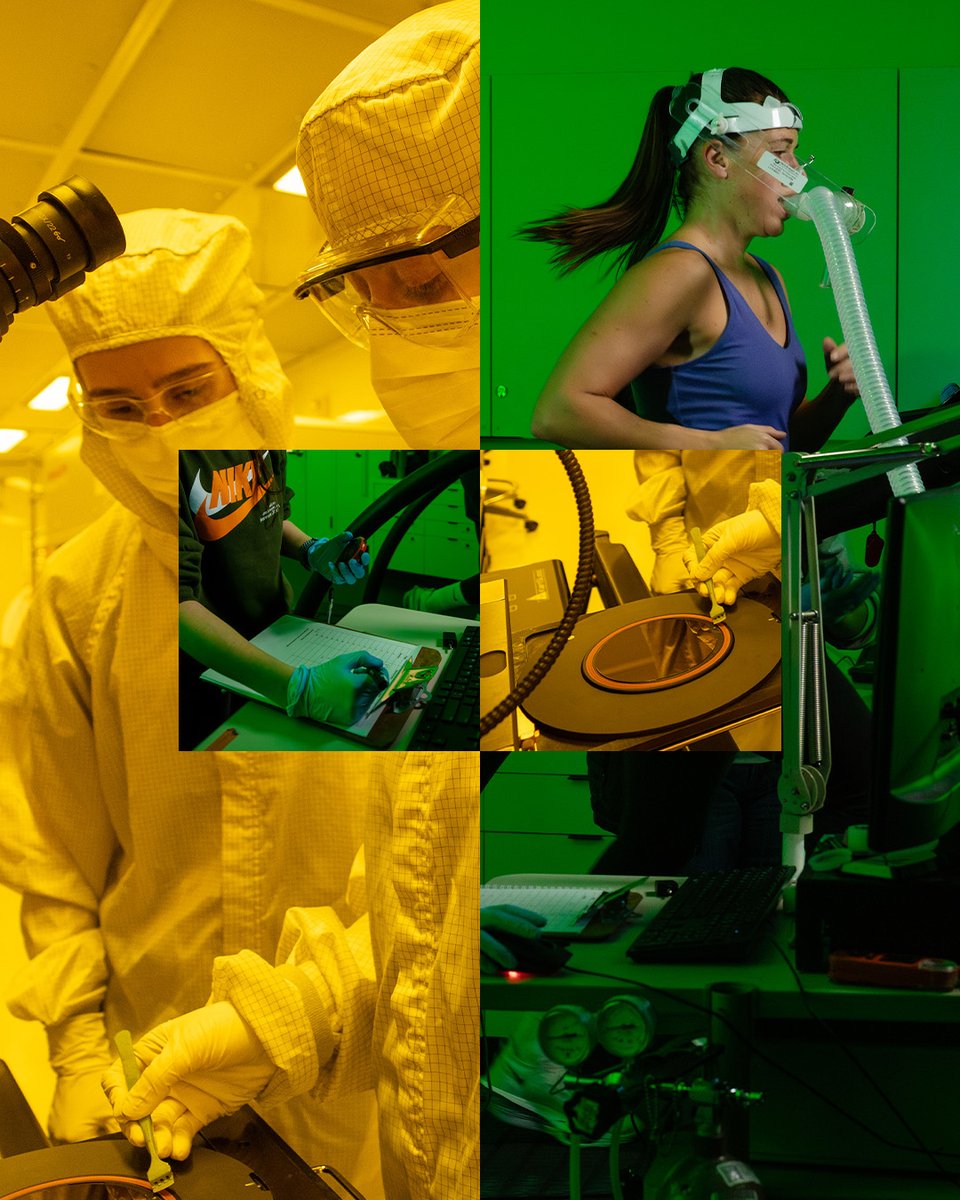 A collage of four images: laboratory technicians in protective suits and masks working with equipment; a close-up of a hand wearing a Nike glove holding a pen over a notebook; an individual running on a treadmill wearing a breathing mask; and a view of laboratory apparatus with dials and screens in a high-tech setting.
