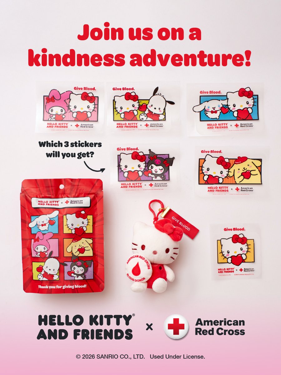 sanrio's tweet photo. Kindness makes a real difference ❤️ Come to give blood with the American Red Cross from September 1st to September 20th to receive an exclusive Hello Kitty x @RedCross plush mascot clip and a surprise sticker pack, while supplies last. Learn more here: https://t.co/j4SXIgeKiH https://t.co/9Xc5wOFMz6