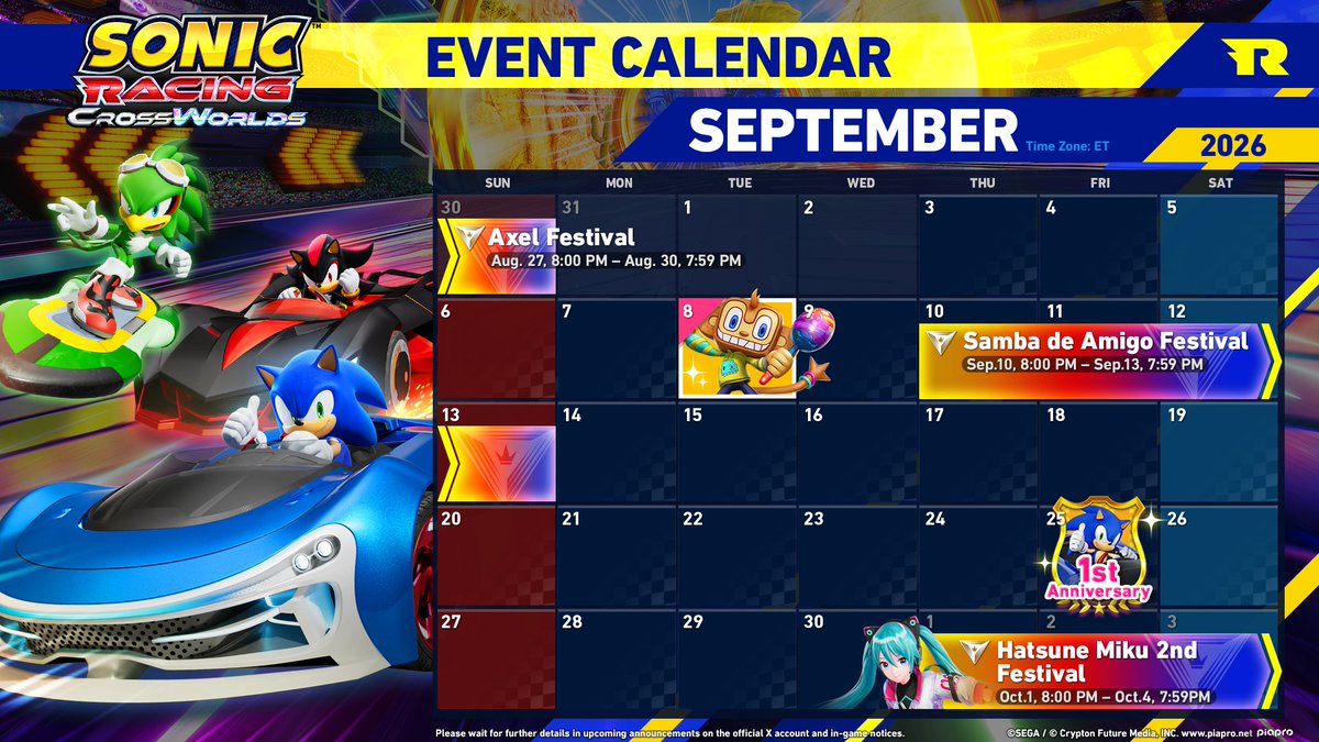 RaceCrossWorlds's tweet photo. Look out for... 👀

Amigo from Samba de Amigo in September 🎤

The 1 Year Anniversary of Sonic Racing: CrossWorlds on 9/25  🎉

The "Hatsune Miku 2nd Festival" in early October

Stay tuned for more! ✨ https://t.co/t76S9e264g