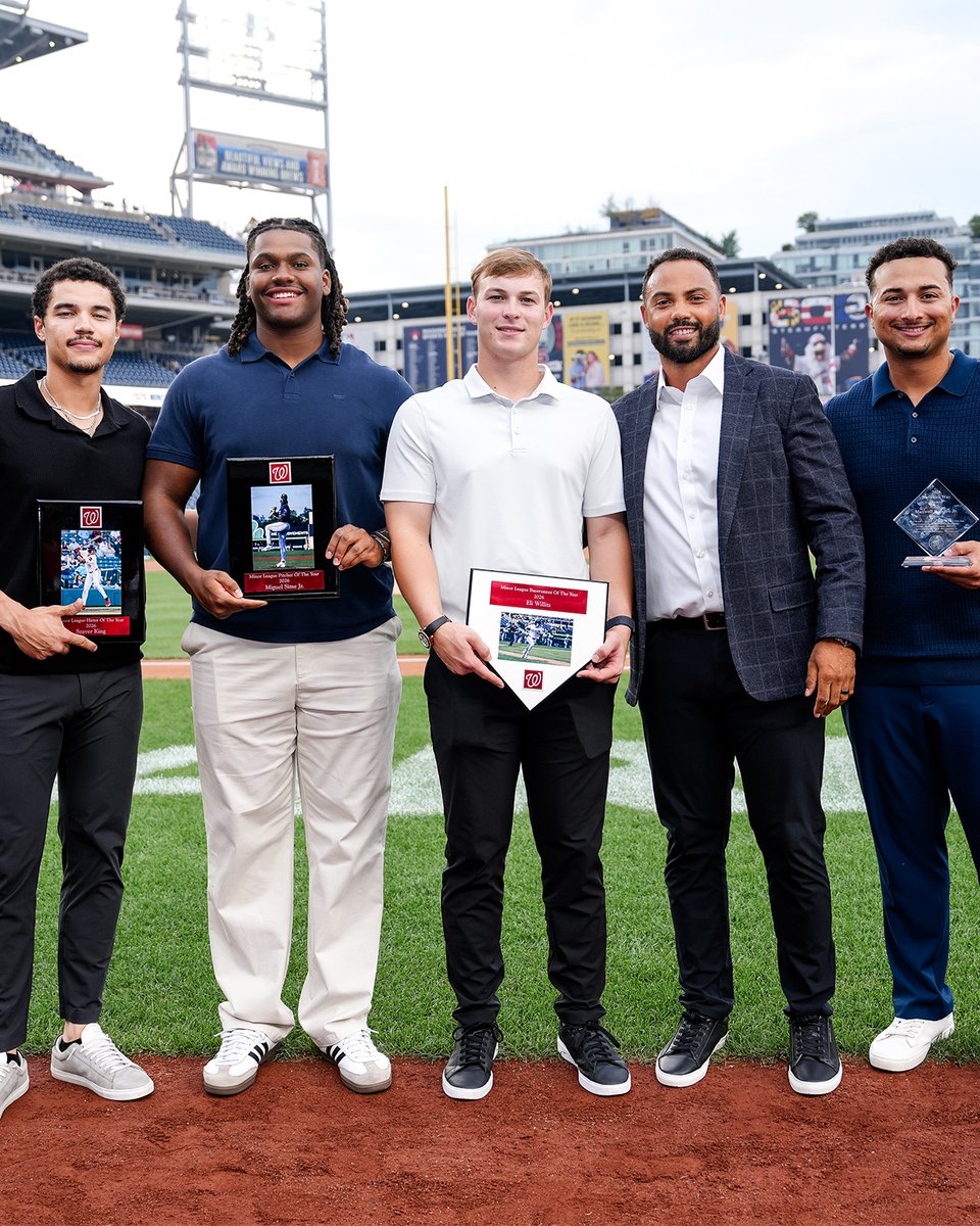 left to right: Seaver King, Miguel Sime Jr, Eli Willits, Nationals Assistant GM Devin Pearson, Max Romero Jr.