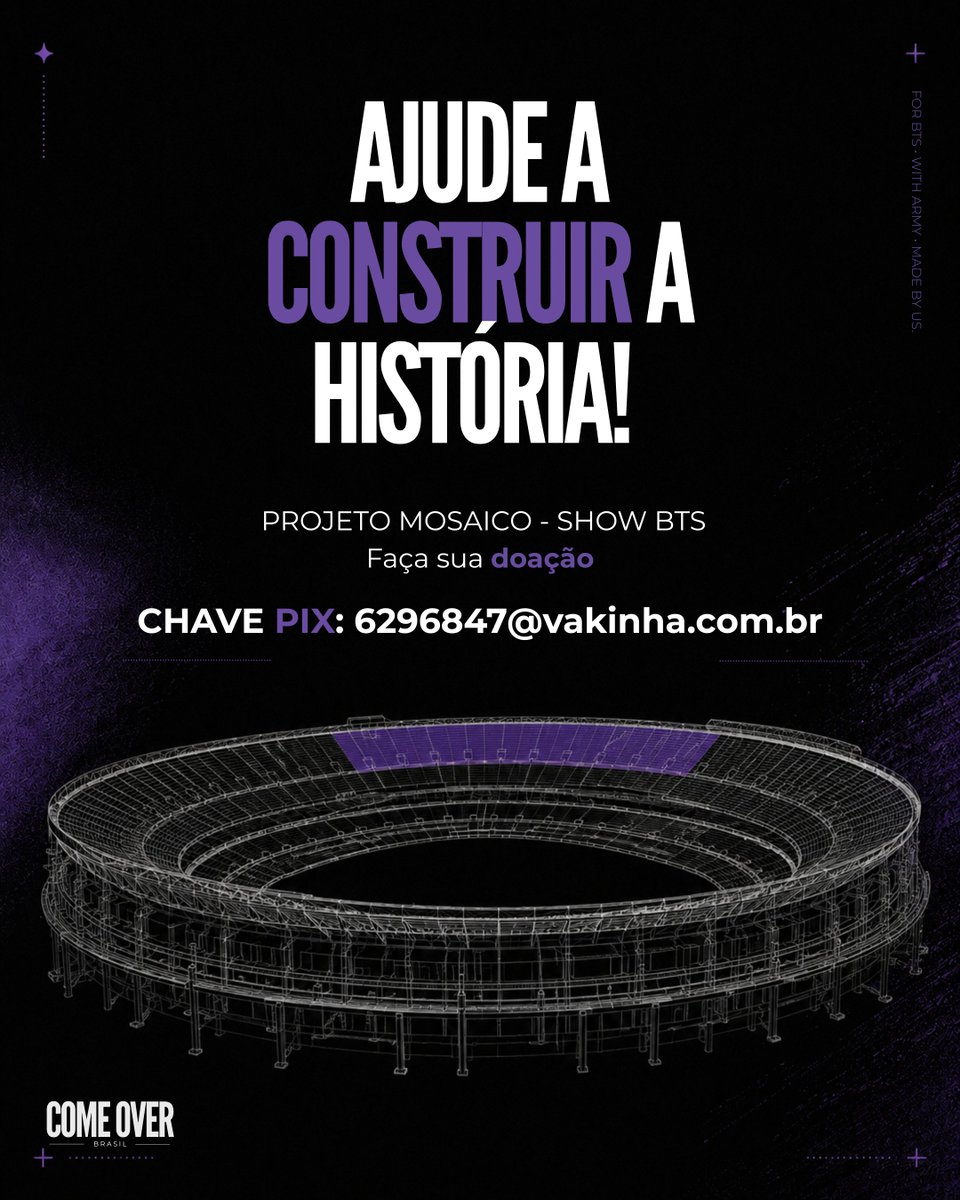 ComeOverBrasil's tweet photo. Army ajude a divulgar o Projeto OT7 de Mosaico para o show do BTS!!! Aceitamos doações de qualquer valor via chave PIX: 6296847@vakinha.com.br . Apenas 2,50 já pagam uma placa/peça do mosaico!!! 🙏🏻 https://t.co/kWwK4609HM
